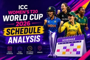 ICC Women's T20 World Cup 2026 tournament schedule displayed inside a professional cricket stadium