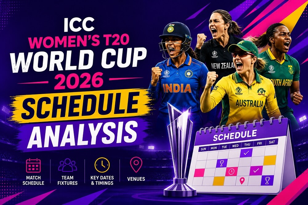 ICC Women's T20 World Cup 2026 tournament schedule displayed inside a professional cricket stadium