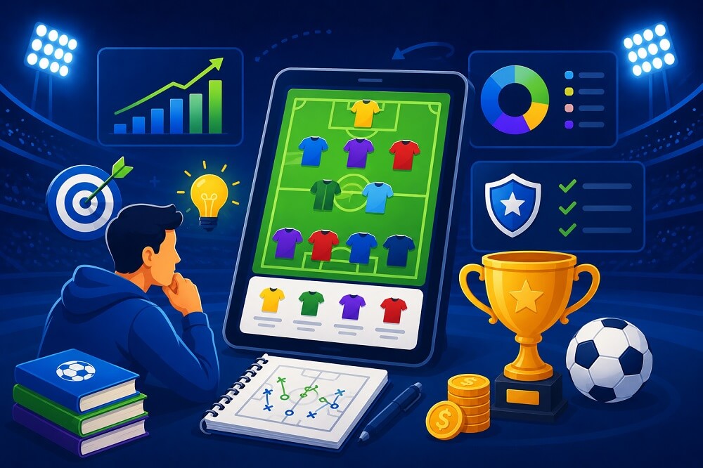 Fantasy sports strategy dashboard showing player research, recent form, role analysis, player comparison, lineup building, and captain selection for beginners.