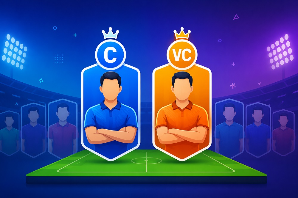 Fantasy sports captain and vice-captain selection dashboard showing multiplier analysis, recent form, player roles, participation, scoring opportunities, and match context.