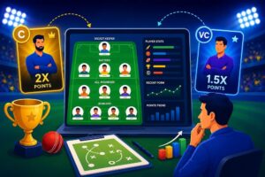 Fantasy sports match conditions research dashboard showing venue analysis, weather, playing conditions, opponent data, team news, and player role information.
