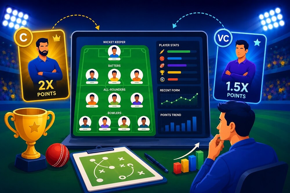 Fantasy sports match conditions research dashboard showing venue analysis, weather, playing conditions, opponent data, team news, and player role information.